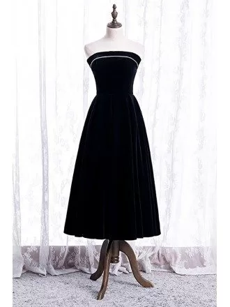 Simple Strapless Black Velvet Tea Length Party Dress