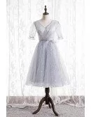 Elegant Bling Grey Vneck Tea Length Homecoming Party Dress with Sleeves