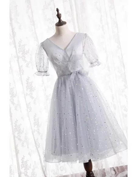 Elegant Bling Grey Vneck Tea Length Homecoming Party Dress with Sleeves