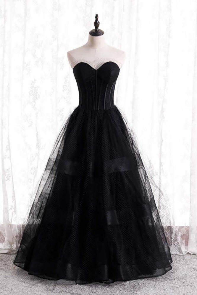 Gothic Black Strapless Corset Prom Dress with Mesh Tulle Ballgown ...