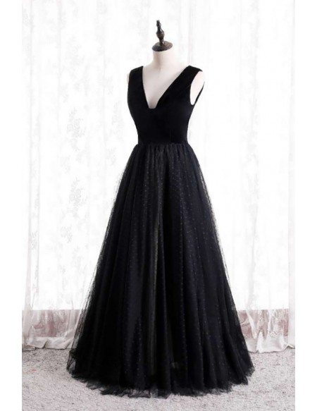 Long Black Polka Dot Tulle Formal Dress Vneck Sleeveless MX16125 ...