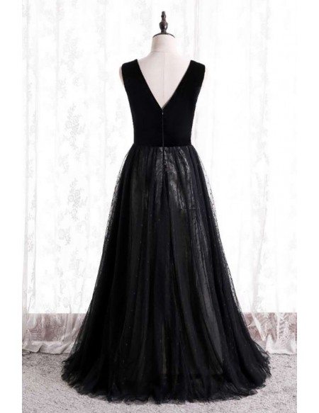 Long Black Polka Dot Tulle Formal Dress Vneck Sleeveless MX16125 ...