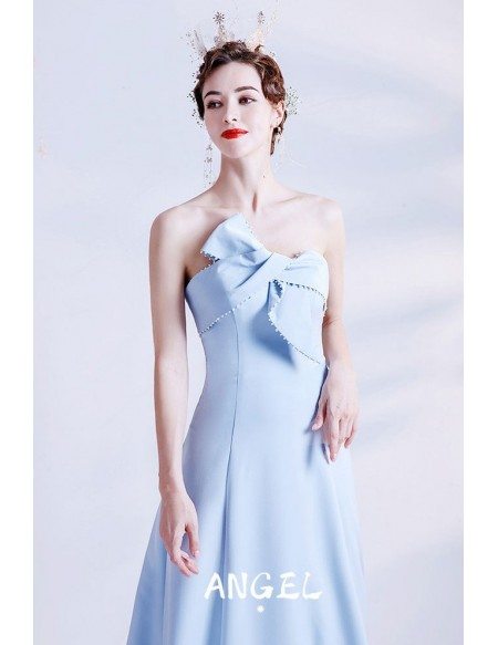 Simple Blue Ankle Length Party Dress with Cross Neckline