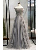 Elegant Grey Tulle Aline Prom Dress with Sequined Bodice Straps