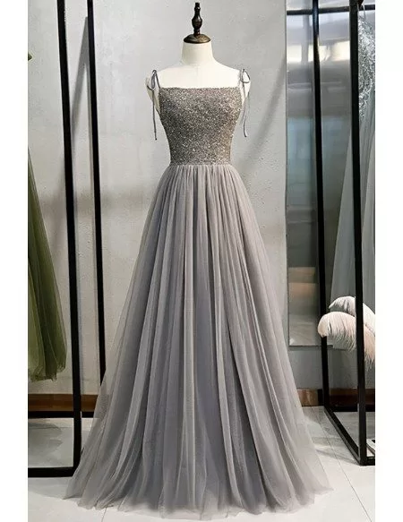 Elegant Grey Tulle Aline Prom Dress with Sequined Bodice Straps