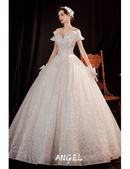 Sparkly Fairytale Ballgown Princess Wedding Dress with Ruffled Neckline
