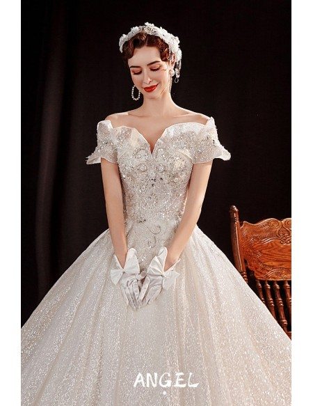 Sparkly Fairytale Ballgown Princess Wedding Dress with Ruffled Neckline