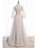 Elegant Grey Long Sequined Prom Dress with Lantern Long Sleeves