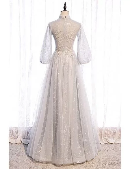 Elegant Grey Long Sequined Prom Dress with Lantern Long Sleeves