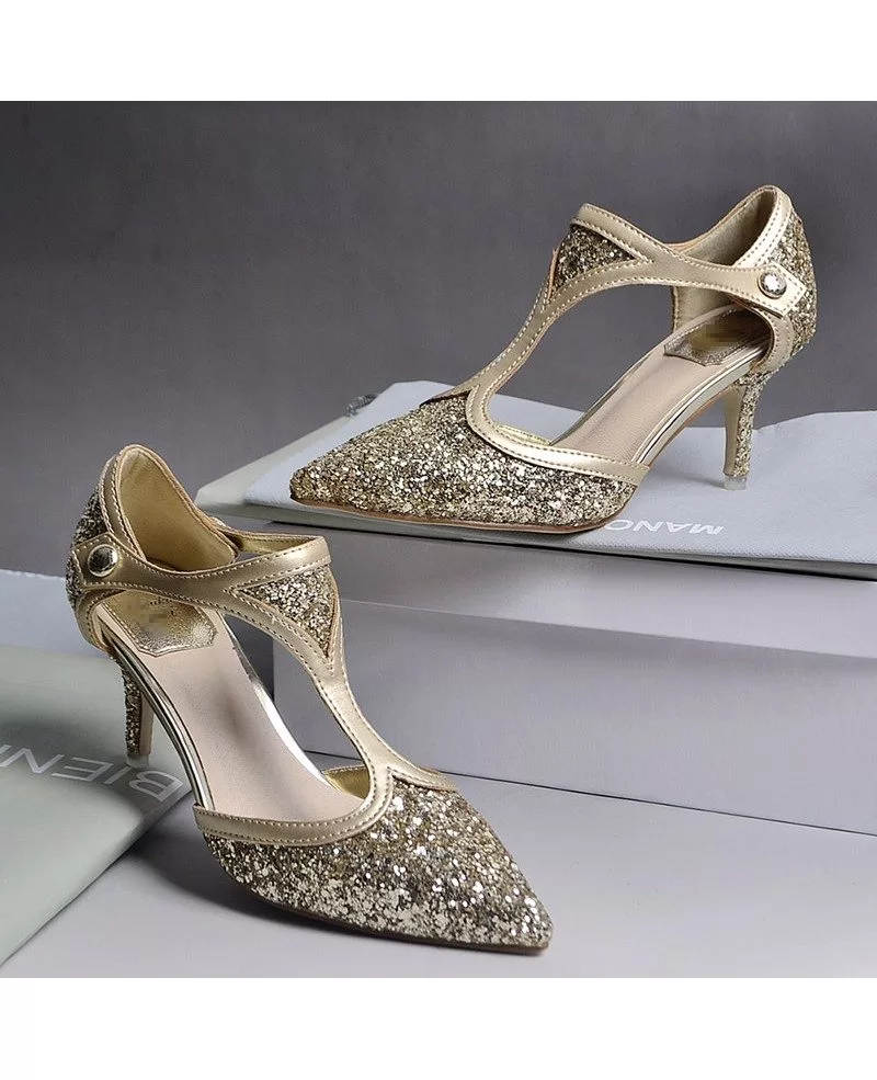 Sparkling Glitter Heel Closed Toe Pumps With TStrap Style