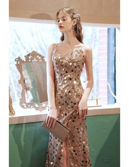 Cute Round Sequins Gold Party Dress Vneck with Split