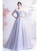 Gorgeous Grey with Sequins Tulle Formal Prom Dress with Ruffles