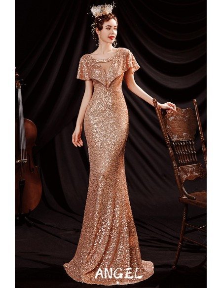 Sparkly Gold Sequins Formal Mermaid Evening Dress with Sleeves