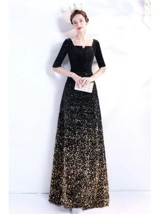 Black Gold Ombre Sequins Formal Party Dress with Square Neckline