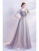 Dusty Tulle Sheer Neckline Aline Prom Dress with Bling