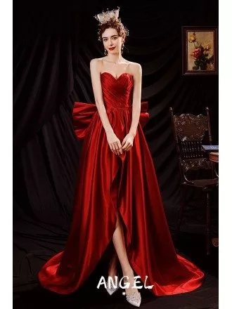 Sweetheart High Low Red Satin Formal Dress with Big Bow In Back