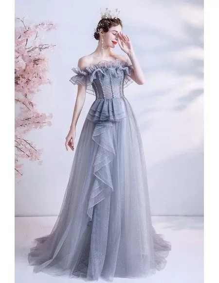 Ruffled Grey Tulle Flowy Long Prom Dress with Bling Off Shoulder