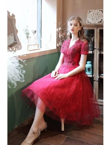 Modest Burgundy Tea Length Tulle Homecoming Party Dress with Short Sleeves