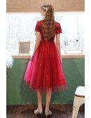 Modest Burgundy Tea Length Tulle Homecoming Party Dress with Short Sleeves