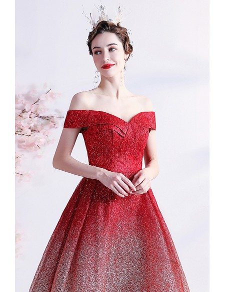 Bling Ombre Red Tulle Off Shoulder Party Dress with Pleated Neckline