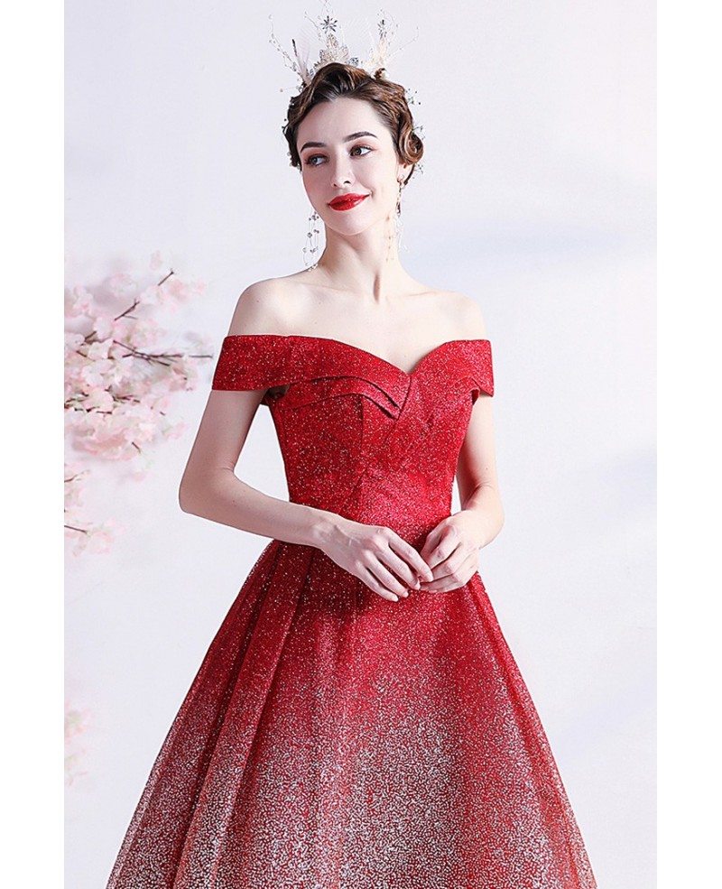 Bling Ombre Red Tulle Off Shoulder Party Dress with Pleated Neckline ...