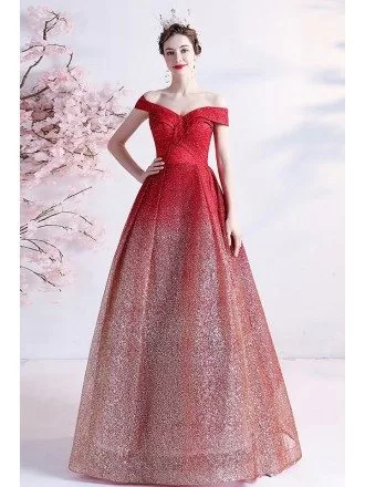 Bling Ombre Red Tulle Off Shoulder Party Dress with Pleated Neckline