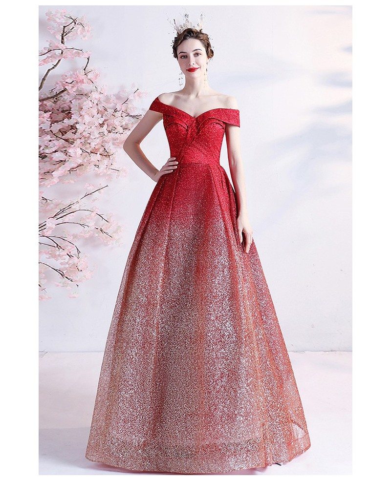 Bling Ombre Red Tulle Off Shoulder Party Dress with Pleated