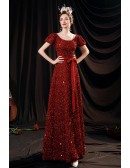 Burgundy Red Round Neck Formal Sequined Dress with Sash Short Sleeves