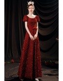 Burgundy Red Round Neck Formal Sequined Dress with Sash Short Sleeves