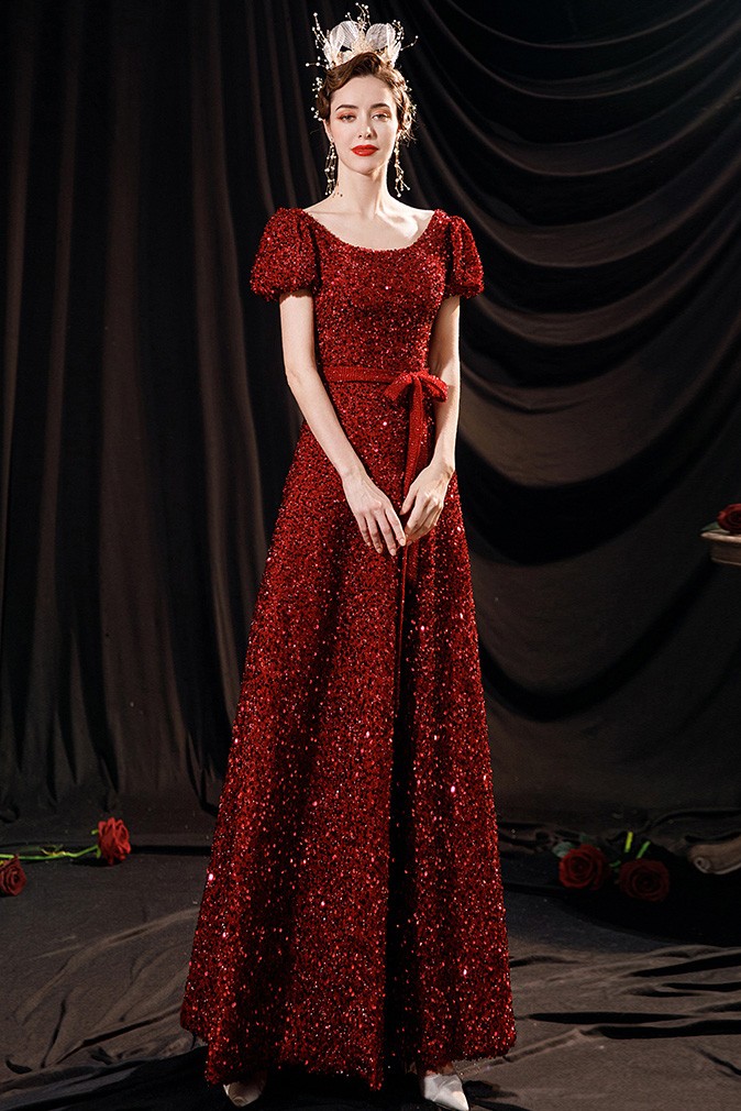 Red Stunning A Line Round Neck Sequins Short Formal Dress