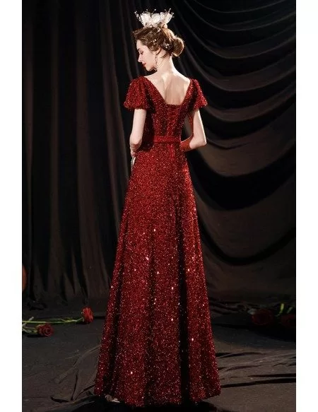 Burgundy Red Round Neck Formal Sequined Dress with Sash Short Sleeves ...