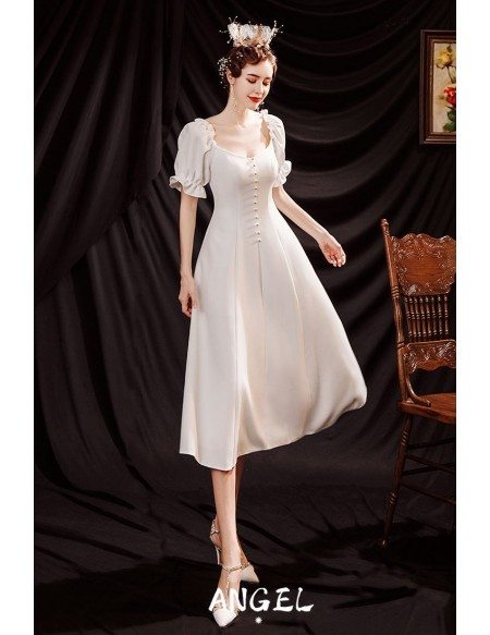 Vintage Simple Tea Length Party Dress with Pearl Buttons