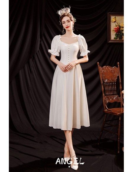 Vintage Simple Tea Length Party Dress with Pearl Buttons