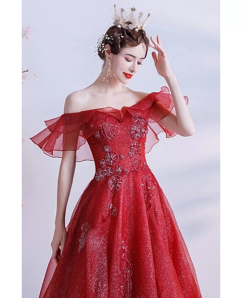 Unique Burgundy Ruffled Formal Prom Dress with Off Shoulder Wholesale # ...