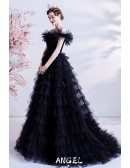 Noble Long Black Tulle Formal Prom Dress Pleated with Straps