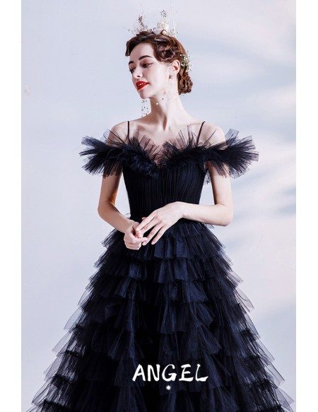 Noble Long Black Tulle Formal Prom Dress Pleated with Straps