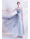 Grey Blue Ruffled Strapless Long Prom Dress For Parties