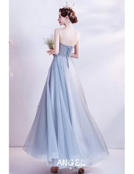 Grey Blue Ruffled Strapless Long Prom Dress For Parties