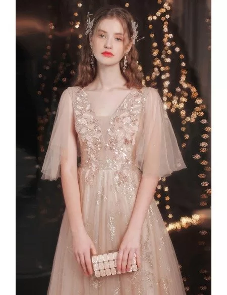 Gorgeous Champagne Gold Tulle Prom Dress with Sequins Puffy Sleeves