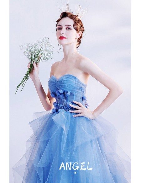 Beautiful Ruffled Blue Ballgown Prom Dress Strapless