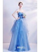 Beautiful Ruffled Blue Ballgown Prom Dress Strapless