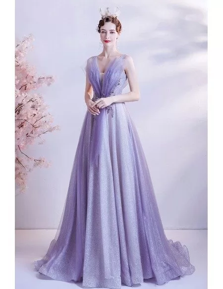 Purple Bling Tulle Elegant Prom Dress For Formal Parties