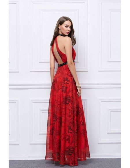 Stylish Red Floral Print Chiffon Long Weddding Guest Dress #CK457 $84.1 ...
