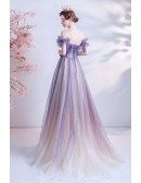 Ombre Bling Purple Tulle Prom Dress with Ruffled Neckline