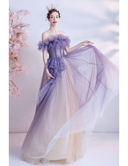 Ombre Bling Purple Tulle Prom Dress with Ruffled Neckline