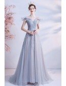 Elegant Grey Long Tulle Formal Prom Dress with Bling Pattern
