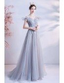 Elegant Grey Long Tulle Formal Prom Dress with Bling Pattern