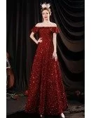 Burgundy Red Aline Long Formal Sequined Dress with Off Shoulder