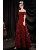 Burgundy Red Aline Long Formal Sequined Dress with Off Shoulder