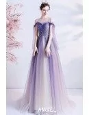 Fantasy Bling Purple Tulle Long Prom Dress with Strappy Straps